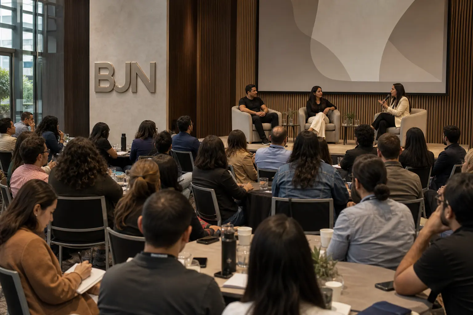 Encuentro ilustrativo de vendedores y creadores en un auditorio BJN México
